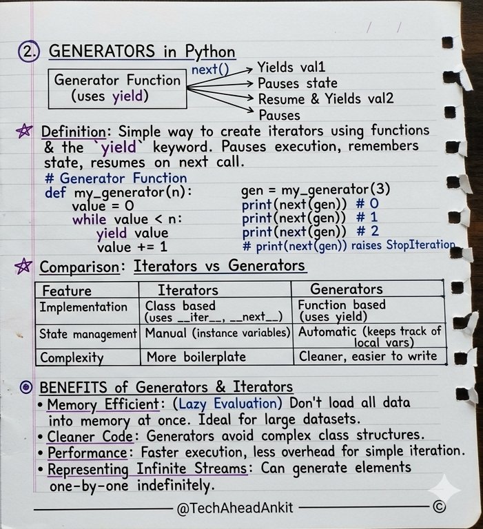 TechAheadAnkit's tweet image. Hey Developers can you explain two important concepts Iterators and Generators?

Here some example and try to get why these are highly used for large data....

#Python #Concepts