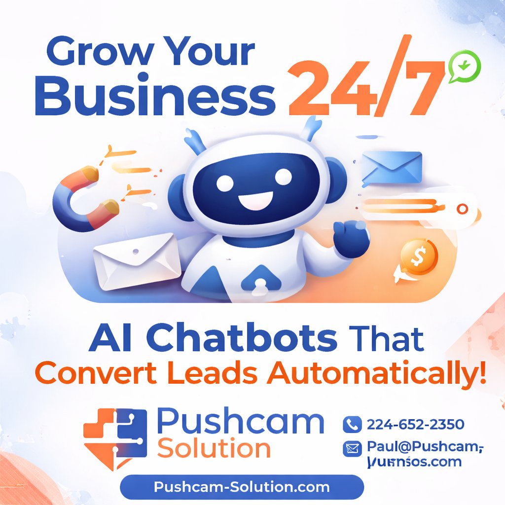 PushcamSolution's tweet image. Grow your business 24/7 with AI chatbots from Pushcam Solution. Capture leads instantly and never miss a customer.

pushcam-solution.com

Paul@Pushcam-Solution.com
 | 224-652-2350

#AI #Chatbots #Automation #SmallBusiness #PushcamSolution