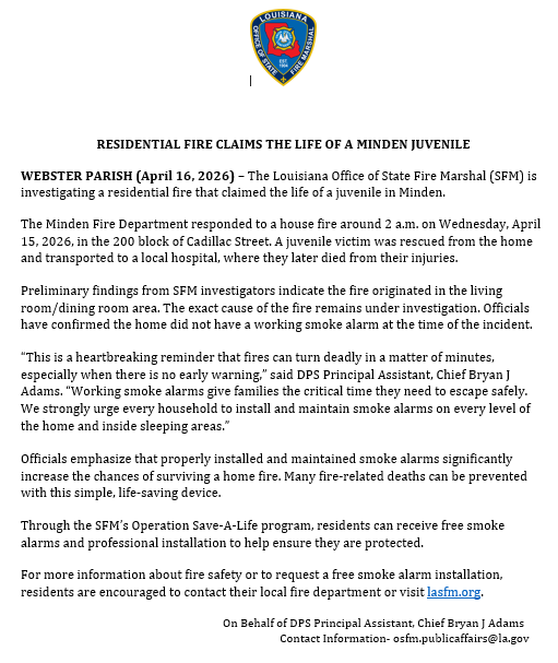 LAFIREMARSHAL's tweet photo. RESIDENTIAL FIRE CLAIMS THE LIFE OF A MINDEN JUVENILE https://t.co/AP0k4fOsTj