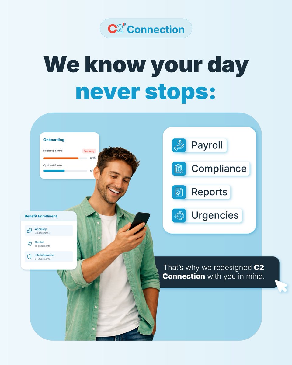 C2Essentials's tweet image. Your day moves fast: payroll deadlines, compliance, reporting, and nonstop priorities. We redesigned C2 Connection to help you work smarter navigation, intuitive layout, faster access to the tools and data you use daily.

#HROperations #HRCompliance #ProcessOptimization