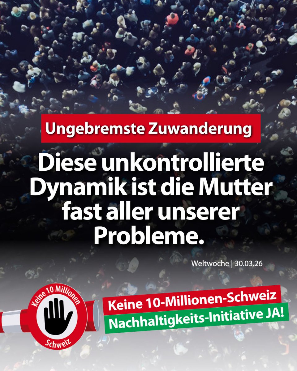 Die Mutter aller Probleme 🚨

Die Bevölkerung leidet unter explodierenden Mieten, Dichtestress und zunehmender schwerer Kriminalität. Ursache ist die ungebremste Zuwanderung.

Für 100'000 zusätzliche Einwohner benötigen wir:

🏫 114 neue Schulhäuser

🩺 2'073 Pflegende

🚗 53'157