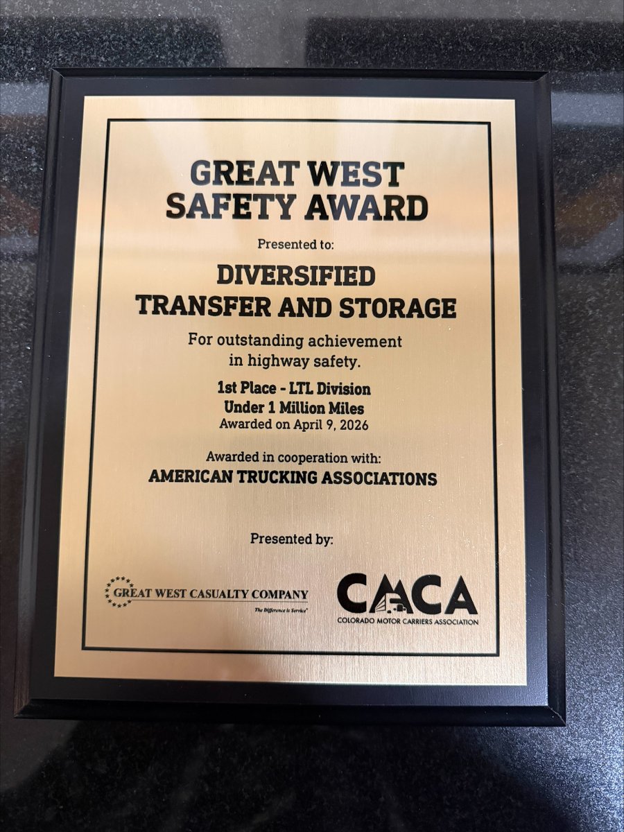 DTSBFamily's tweet photo. It's nice when our dedication to safety gets recognized. Here our new Safety Manager AJ Wentz, holding our most recent award from the Colorado Motor Carriers Association. DTS received the 1st place award for Less than Truckload Carriers under 1 million miles. Congratulations! https://t.co/sRuNdetZFi