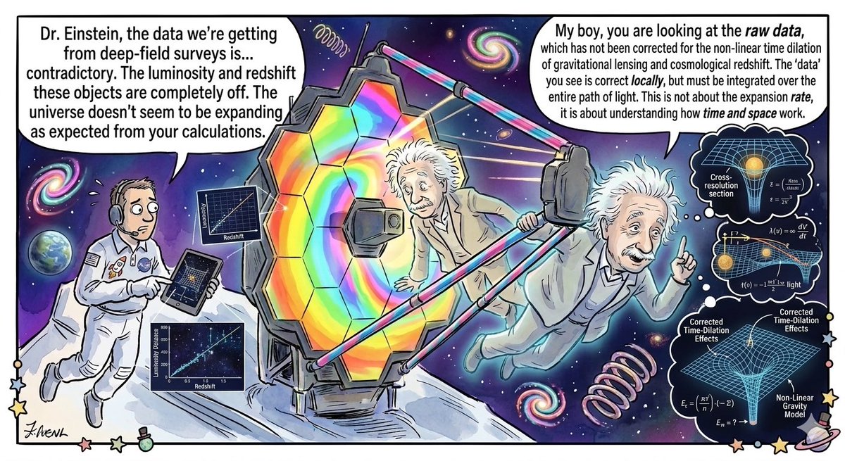 cyansmiles's tweet photo. Don’t let misconceptions about science mislead you into thinking Einstein was wrong. James Webb Space Telescope images are beautiful; they show things as they are and give us a deeper understanding of our universe's ancient light crossing expanding space.

In cosmology, redshift stretches wavelength and observed time:

1+z = lambda_obs/lambda_em
t_obs = t_em(1+z).

We are seeing distance, light, and time all together.

James Webb Space Telescope images are stunning because they do more than just showcase distant objects. They reveal ancient light that has traveled across expanding space for billions of years.

In cosmology, redshift means the observed wavelength is stretched compared to the emitted wavelength:

1+z = lambda_obs/lambda_em

And the observed time is stretched too:

t_obs = t_em(1+z)

This means a distant event is not only far away but also observed through stretched light and time.

That’s why images like Webb’s First Deep Field are so important.

In SMACS 0723, gravity bends and magnifies the light from even more distant galaxies behind the cluster, recording both distance and curved spacetime. This aligns closely with Einstein’s perspective. Light, time, gravity, and measurement are all part of the same physical reality.

https://t.co/8IYOisEuDn

https://t.co/HopRPZOrpy

https://t.co/a1P3Wp9DP8

https://t.co/TVEJxwblSx