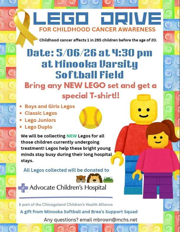 MCHSDistrict111's tweet photo. Minooka Softball is hosting a Lego drive now through May 6th in support of childhood cancer awareness. Bring in any new Lego set to either campus. Donations will be given to Advocate Children's Hospital for children undergoing treatment. Thank you for your support! https://t.co/LEaS22sZaY