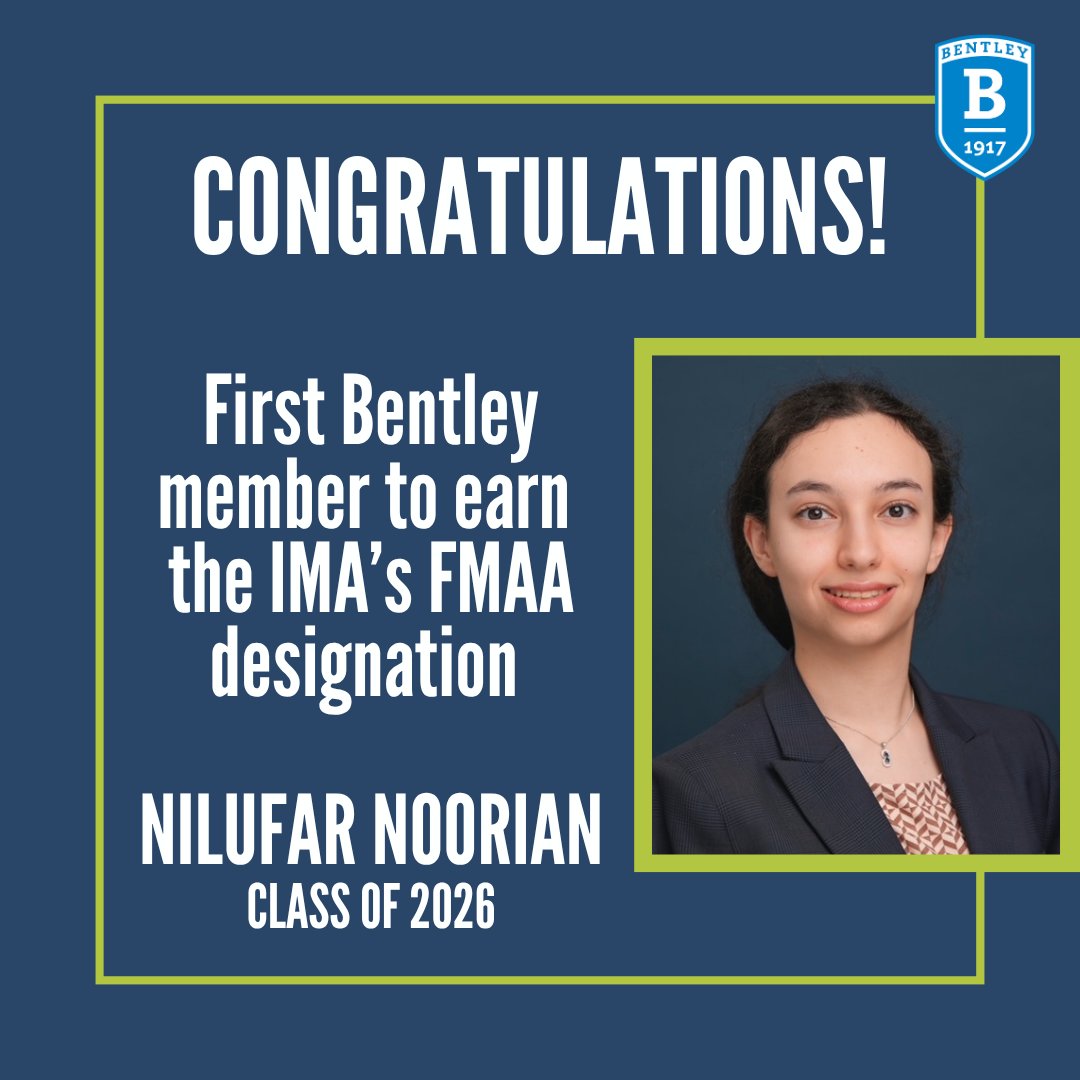 BentleyAcctDept's tweet image. Congratulations to Nilufar Noorian, the first Bentley student or faculty member to earn the FMAA (Financial and Managerial Accounting Associate) designation! We are incredibly proud to celebrate this accomplishment and look forward to all that lies ahead! #bentleyu #accounting