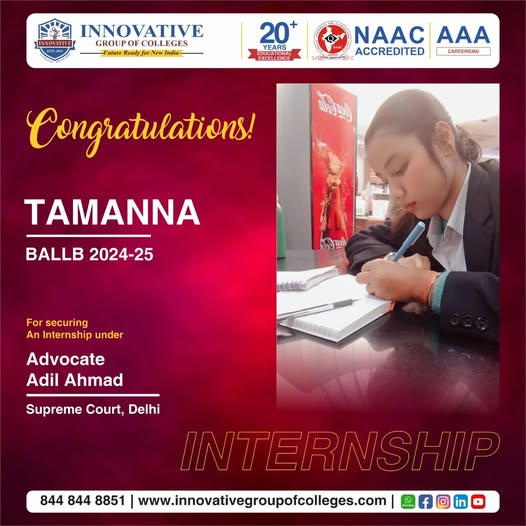 innovativeinst5's tweet image. We are incredibly proud to announce that Tamanna (BA LLB 2024-25) has secured a prestigious internship under Advocate Adil Ahmad at Supreme Court, Delhi.
At Innovative Group of Colleges, we believe in bridging the gap between the classroom and the courtroom.

#Innovative #bpharm