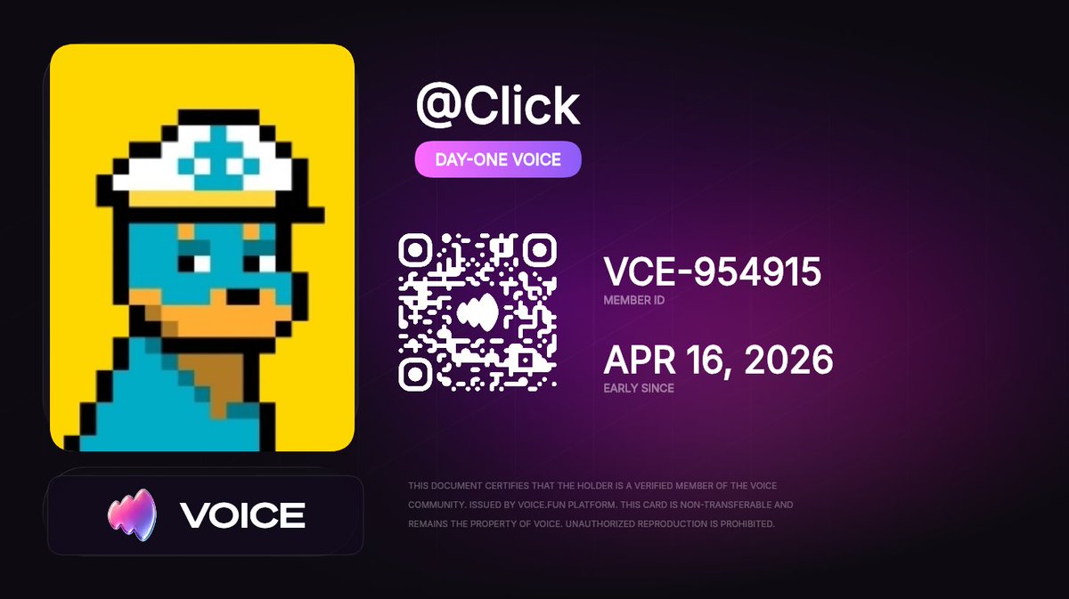 ClickOnChain's tweet image. Just got my @Voicehavefun membership card!

Member ID: VCE-954915

#Voice #VoiceFun #VoiceCommunity