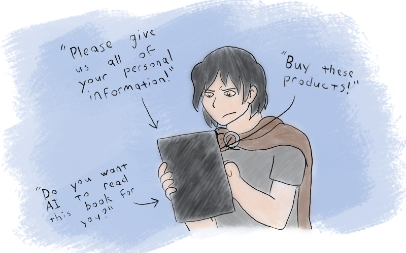 petfriendamy's tweet photo. Can you believe that the unnamed company who makes the unspecified brand of e-reader that my fictional character purchased in the year 2013 would depreciate their older products in favor of ones that are way worse (allegedly) #art #oc https://t.co/jWbmectHj6