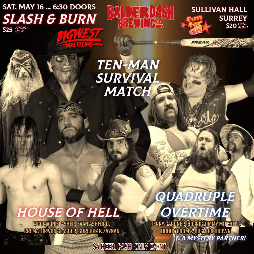 Enormous 10-Man Elimination Match in Surrey! HOH brings 4 titles into this match, as Quadruple Overtime brings a Mystery Partner! 

Chaos is sure to ensue…

tinyurl.com/bdmr4pus