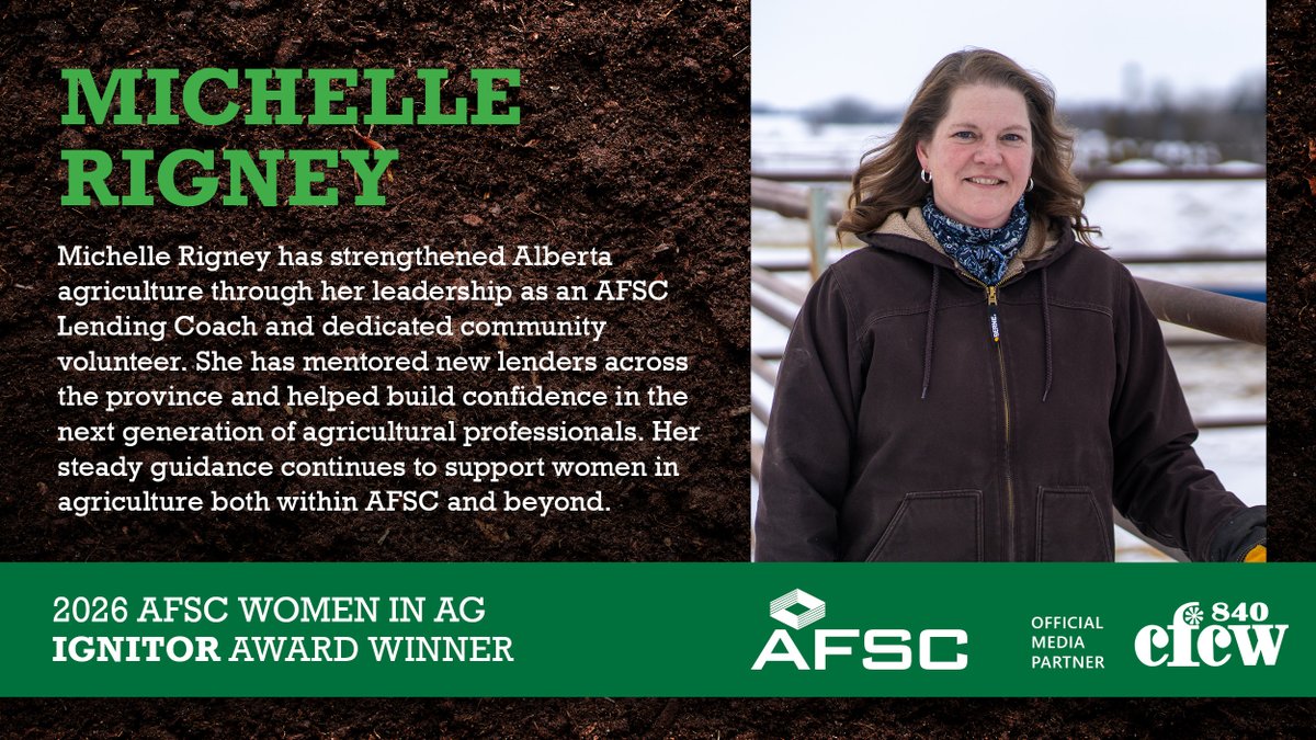 AFSC_AB's tweet image. AFSC Women in Ag Award | Winner Spotlight: Michelle Rigney has strengthened Alberta agriculture through her leadership as an AFSC lending coach and dedicated community volunteer.

Watch ➡️ bit.ly/4vRAhNB

Catch her tomorrow on the 840 CFCW Ag Show at noon.  

#ABag