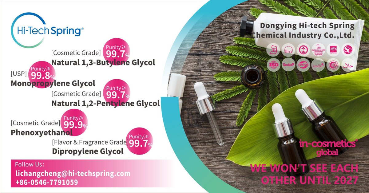 HappiMagazine's tweet photo. INVITATION--Meet in Paris

Dongying Hi-tech Spring-- Bio based moisturizing and anti-corrosion solutions experts.Inviting you to visit in-cosmetics global booth 1R69. See you soon.

Learn more about cosmetic raw materials
https://t.co/YYtZWbAvaq

Sponsored by Hi-Tech Springs

#Dongying Hi-tech Spring #humectant #preservative #moisturizing #in-cosmetics global #monopropylene Glycol #phenoxyethanol #PG #DPG #BG