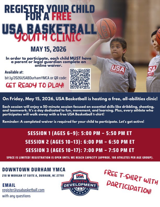 JT4USAB's tweet photo. We’re coming to Durham! 🏀
Sign your kiddos up for our FREE @usabyouth clinic on May 15 at the Downtown Durham YMCA. Open to all abilities—focused on skills, teamwork &amp; fun.

Spots are limited—register now! 🔗
Clinic sponsored by the #USABFoundation 🇺🇸🏀 https://t.co/LZz9XeUi07