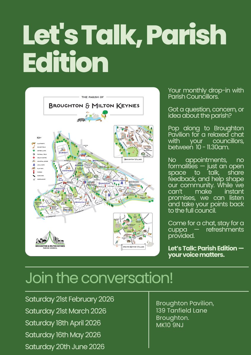 BroughtonMK_PC's tweet image. No speeches. No pressure. No need to book.

Just a cuppa ☕ and a chat with your Parish Councillors.

Got an idea, question or even a moan? Come along!

📍 Broughton Pavilion
🕙 10–11:30am (Sat)

We’ll be there… biscuits ready, just missing you 👀

#LetsTalk #BroughtonMK