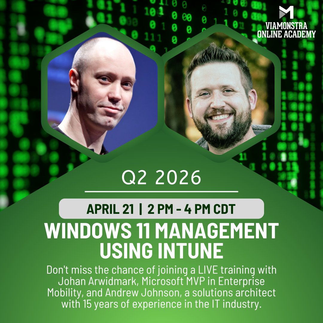 DeployResearch's tweet image. ⚡TUESDAY! Starting APRIL 20 🕑 2pm - 4pm CDT 💻 WINDOWS 11 MANAGEMENT USING INTUNE, with @jarwidmark and @AndrewjNet 👨‍💻 Learn to set up and administer a #MSIntune tenant for the management of Windows 11 devices 🚀 #Intune #ViaMonstraAcademy

Enroll ➡️ ow.ly/WfIC50YKw2Z