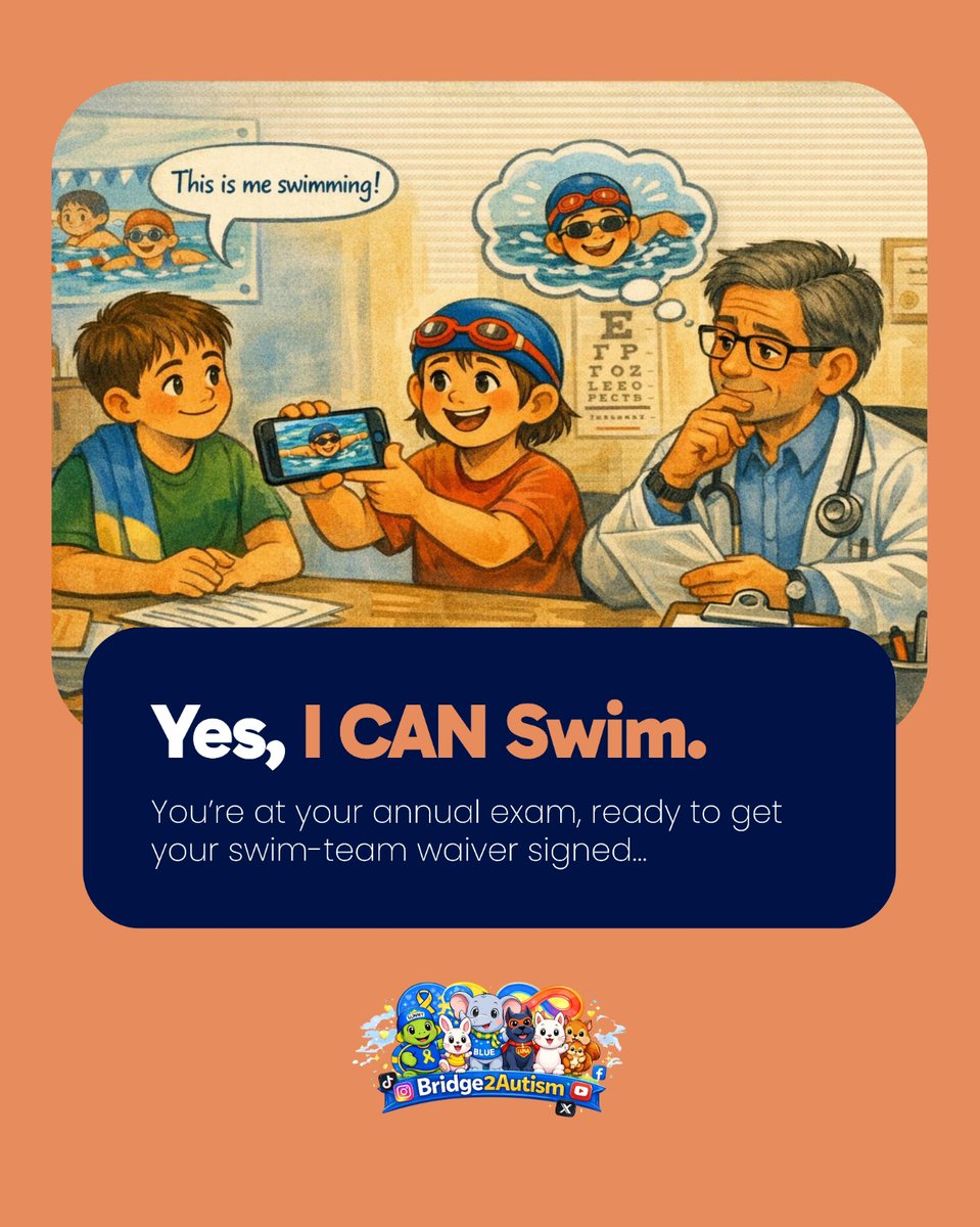 Bridge2Autism's tweet photo. You’re at your annual exam, ready to get your swim-team waiver signed…

But the doctor doesn’t think you’re capable.

Here’s how to advocate for yourself:
🏊 Show a video of you swimming
❓ Ask clarifying questions: “Why do you think that?
.
#InclusionMatters #AdaptiveSports https://t.co/GqYzBLnTBx