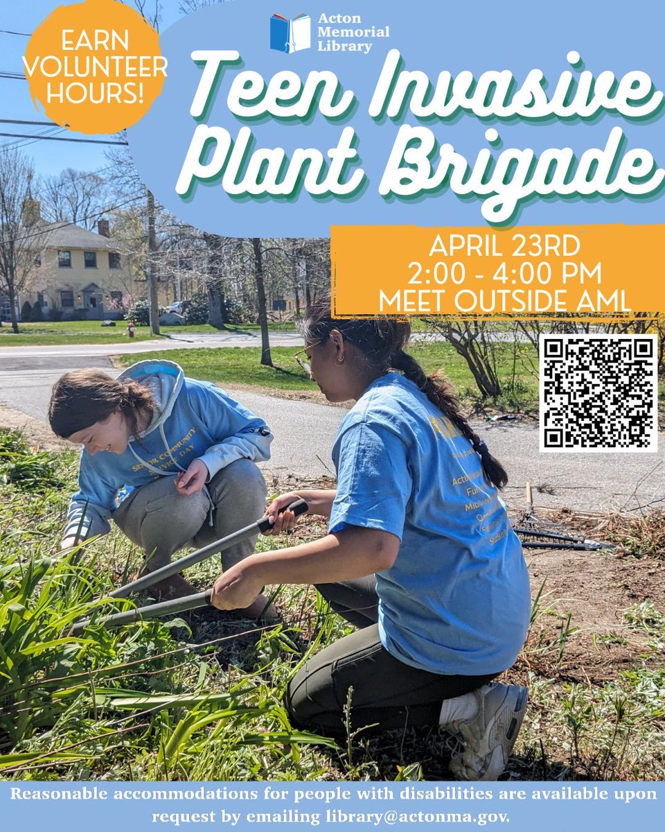 ActonMemLibrary's tweet photo. Calling all teens! Earn volunteer hours on April 23rd by helping to remove invasive plants from the Red House! Suitable for teens in grades 7 through 12. See bio for accessibility info. #AML #ActonMA https://t.co/Ivobx1NER5