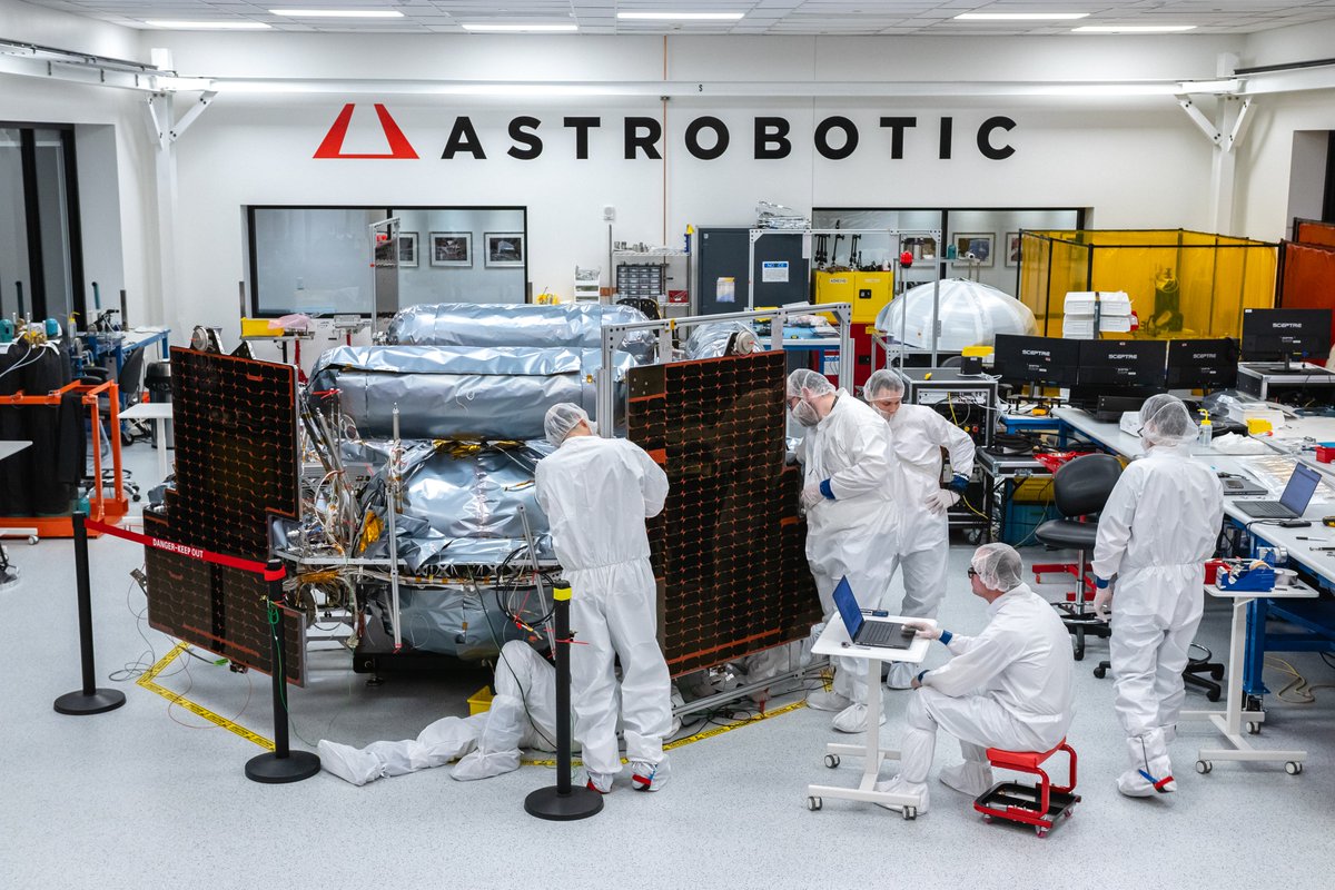 astrobotic's tweet photo. Two solar panels integrated to Griffin, just one to go! ☀️⚡Griffin’s solar setup is built around how sunlight behaves in space and on the Moon. During transit, we use sun-pointing technology, meaning the lander will track sunlight and strategically point itself to optimally charge for stable flight operations.
On the lunar surface at the south pole, the sun stays low and circles around the same side of the vehicle over the course of a lunar day (~2 weeks). For our mission window, it tracks across a single quadrant, exactly where our solar panels are positioned.