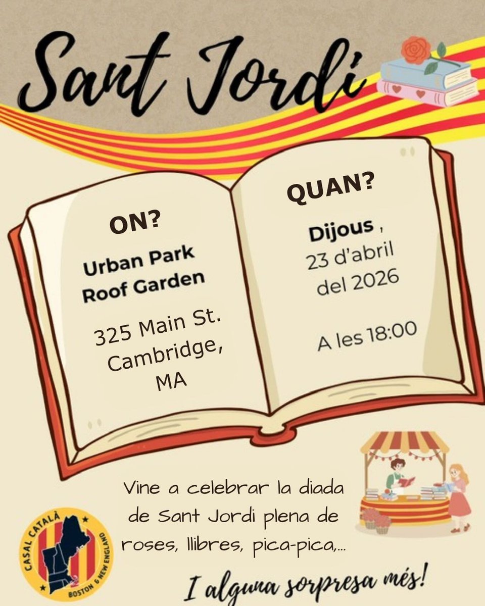 FIEC1's tweet photo. La Diada de Sant Jordi mostra com els catalans a l’exterior treballen activament per portar la nostra cultura arreu (i així ho continuarem fent malgrat els anticatalanistes fracassats crònics). El 23 d'abril a Boston (USA) amb el Casal Català de Boston & New England. Segons l'INE uns 1.100 catalans estan registrats al consolat de Boston.