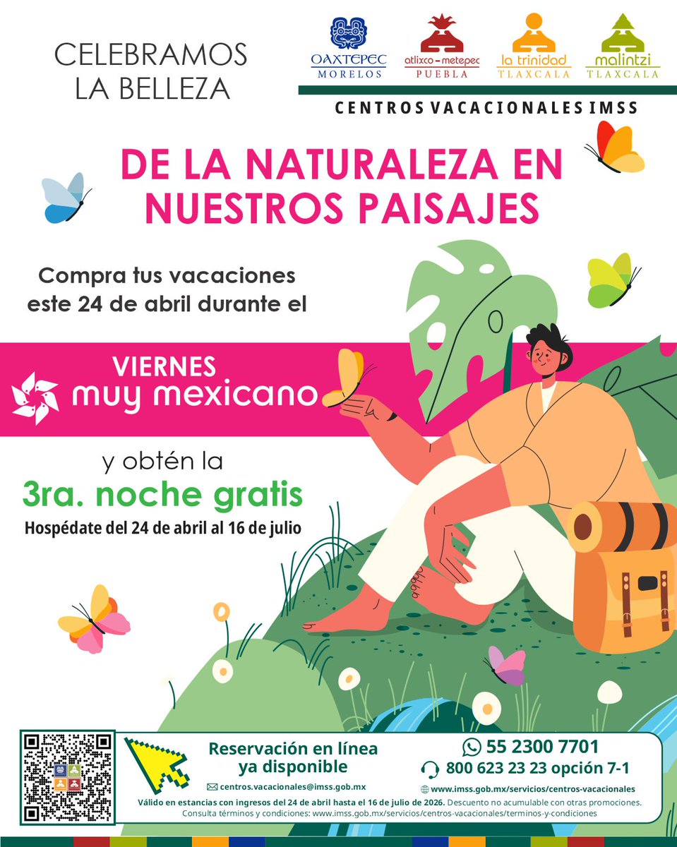 IMSS_S_L_P's tweet image. 🌿✨ Celebra la belleza de la naturaleza en los Centros Vacacionales IMSS

Este 24 de abril aprovecha el **Viernes muy mexicano

🏨 ¡Y obtén tu 3ra noche GRATIS!

📅 Viaja del 24 de abril al 16 de julio

📲 Reserva en línea y disfruta

#IMSS #TurismoSocial