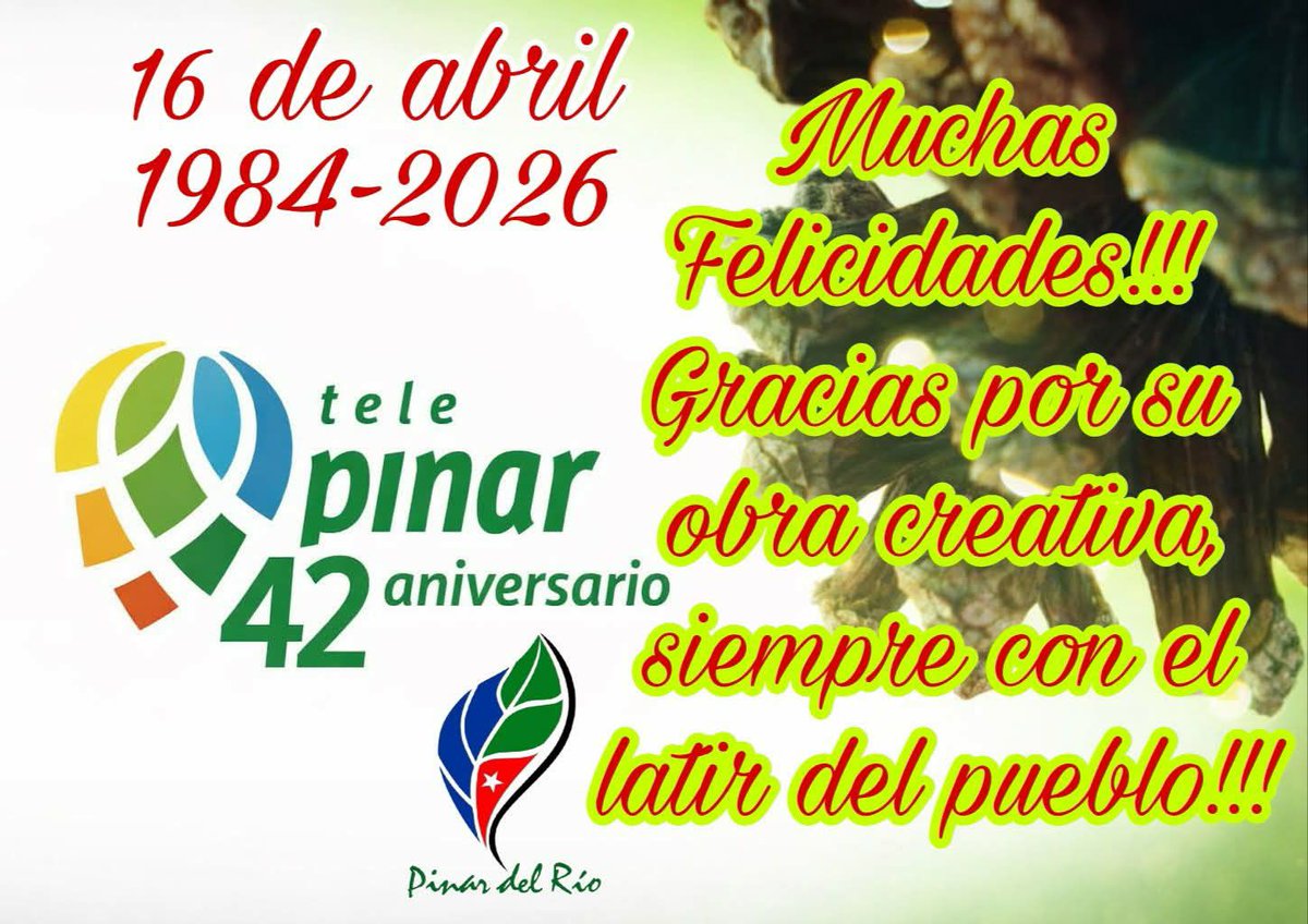 Felicidades a nuestro telecentro que cumple 42 años al servicio de su pueblo. Tele Pinar es la voz de esta tierra #CubaViveYTrabaja #PinarXNuevasVictorias <a href="/KatiuskaGandul/">Katiuska Gandul</a> <a href="/guajiradepinar/">Daima Cardoso Valdés</a> <a href="/guerrillero_cu/">Guerrillero</a> <a href="/IvanLinare44241/">Ivan Linares</a> <a href="/NoarysM/">Cubanita 2002</a> <a href="/DayanisEsp85150/">Dayanis Espinosa</a> <a href="/JusticiaPalma92/">Barbara Cordero Ferrer</a> <a href="/Maridalmis61343/">Dirección Municipal de Justicia Guane</a>
