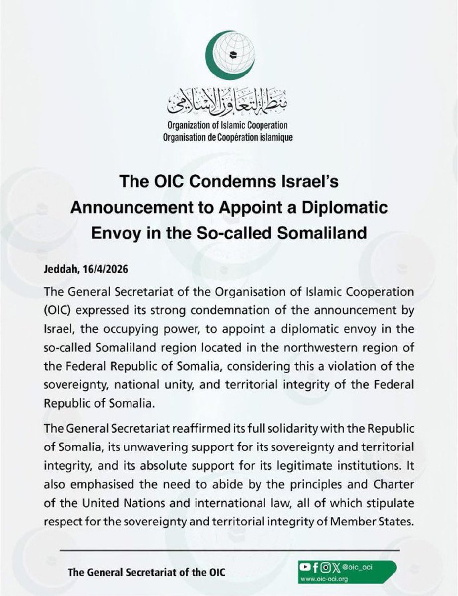 sntvnews1's tweet image. The Organization of Islamic Cooperation (OIC) has strongly condemned Israel’s reported decision to appoint a diplomatic envoy to #Somaliland, a region in Somalia, describing the move as a violation of #Somalia’s sovereignty and territorial integrity.