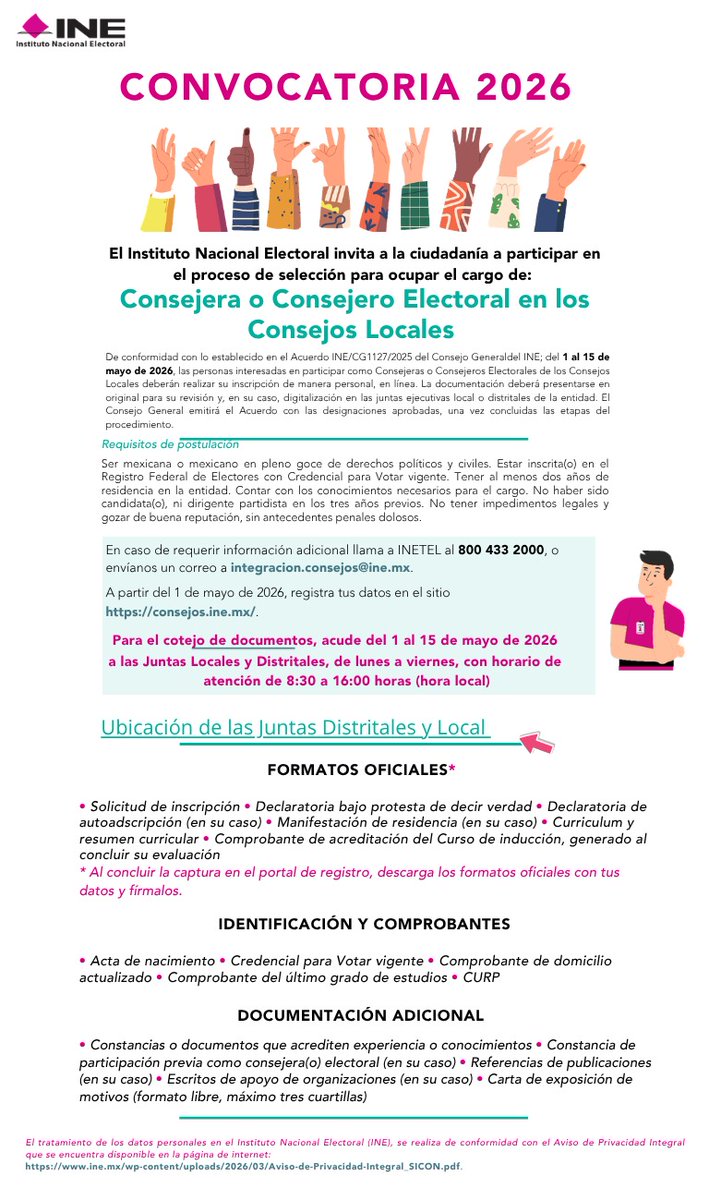 📣 El futuro democrático se construye con tu participación
El INE Chiapas te invita a integrarte al Consejo Local como Consejera/o Electoral.
🗓️ Registro del 1 al 15 de mayo de 2026
👉 consejos.ine.mx
❓ ¿Te sumas a fortalecer la democracia?
#ConvocatoriaINE #INEChiapas