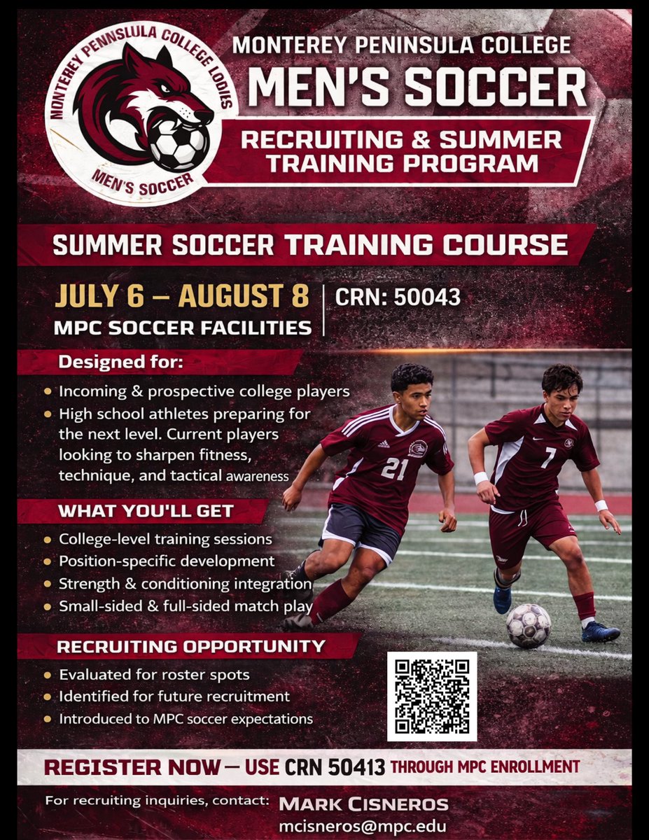 mpcmenssoccer's tweet photo. Want to play collegiate soccer? The Monterey Peninsula College Lobos Men's Soccer Team is actively recruiting committed, coachable, hard working student-athletes for 2026 fall completion.  Join us this summer for our training program! https://t.co/EXjGs1KaOf