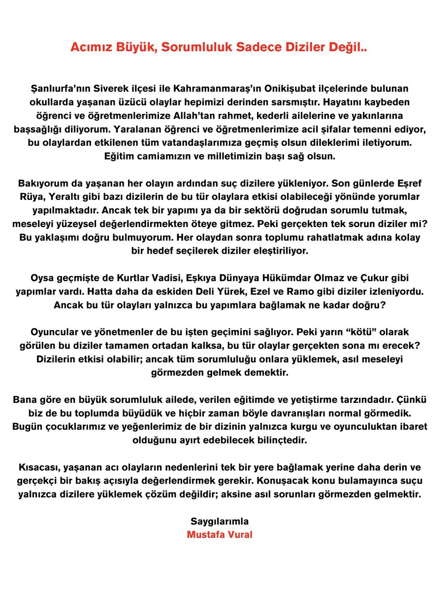 “Yaşanan acı olaylardan sonra suçu tek bir yere yüklemek kolaydır. Ancak gerçekleri görmezden gelmeden, sorunun kaynağını daha geniş bir çerçevede değerlendirmek gerekir.

Çözüm, doğru soruları sormaktan geçer.”

#Türkiye #egitim #toplum #Farkındalık #sosyalmesaj