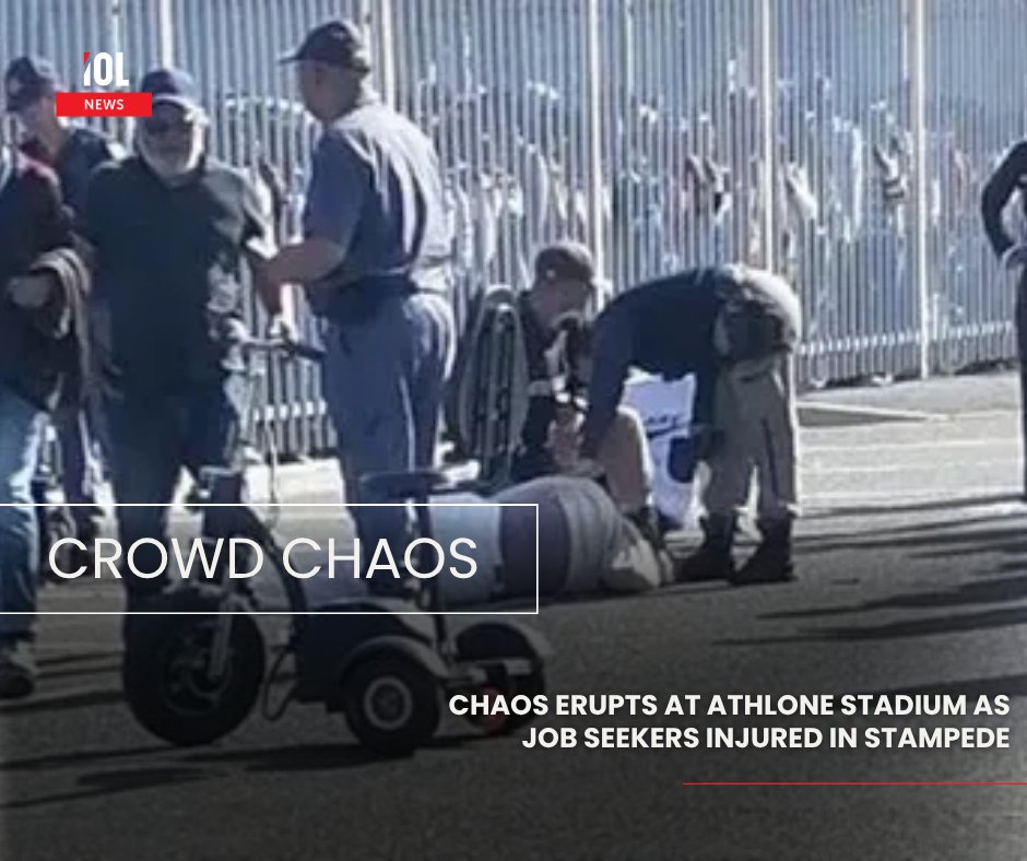 IOL's tweet image. Chaos erupts at Athlone Stadium as overcrowding halts a major job fair, leaving several injured and forcing authorities to intervene after thousands of hopeful jobseekers overwhelm the venue. 
#AthloneStadium #CapeTown #CapeBPO #JamesVos #JobFair 
Read more here: