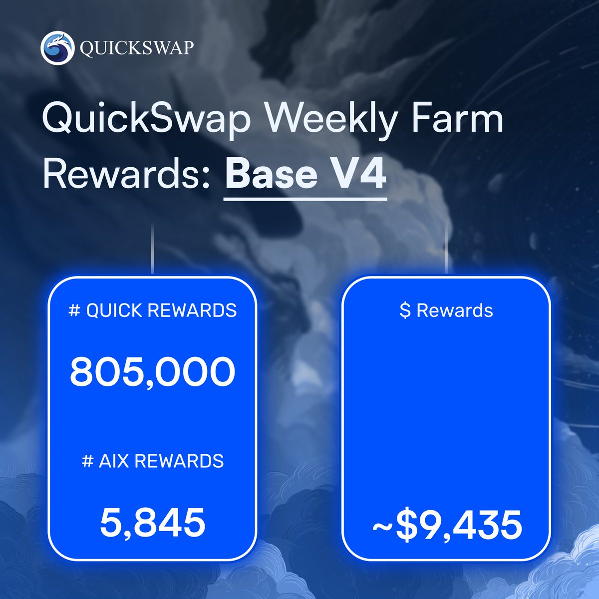 QuickswapDEX's tweet photo. Farm rewards this week on @base V4, increasing from last week:  

• QUICK: 805,000
• AIX: 5,845 
• Current Value: ~$9,435 https://t.co/udglBDk40I