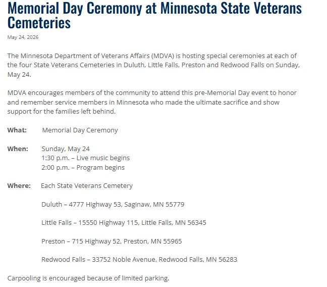 cdcmorrisonmn's tweet image. 🇺🇸 The @MNVeteran (MDVA) is hosting special #MemorialDay ceremonies at each of the 4 State Veterans Cemeteries in Duluth, #LittleFallsMN, Preston &amp;amp; Redwood Falls on 📆 Sunday, May 24. 🌹 
mn.gov/mdva/news/even…

#MNStateVeterans #MNStateVeteransCemetery #MorrisonCounty