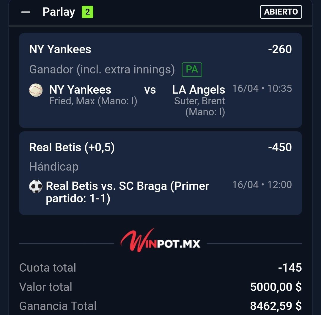 ChapitoApuestas's tweet photo. 🚨| RETO SÚPER EXPRESS GRATUITO 🔝🥳

Paso 1:

Parlay:
- Yankees ML
- Real Betis +0.5

Vamos a iniciar con este Primer Paso mi raza.

¿Te Subes al Barco? Deja ❤️ de la buena vibraaaa Caraaaajooo 👊  !!! https://t.co/mqSBK8qZL2