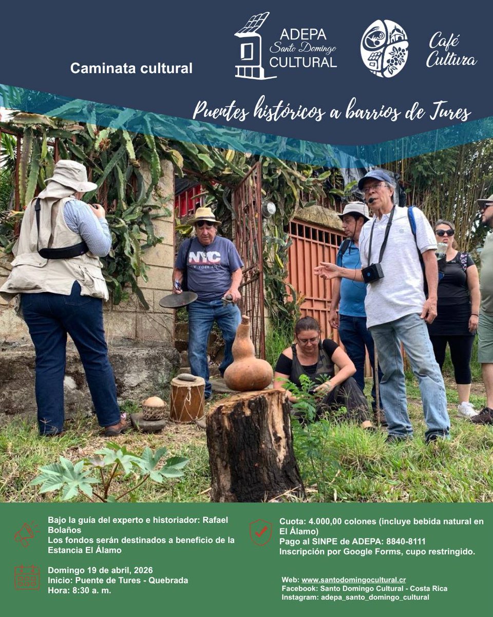 IcomosCR's tweet photo. ICOMOS Costa Rica, ADEPA Santo Domingo Cultural y Café Cultura invitan a la Caminata Cultural
DE PUENTES HISTÓRICOS A BARRIOS DE TURES
Con la guía del historiador Rafael Bolaños
Domingo 19 de abril, 8:30 am
Inicio: Puente de Tures.
Inscripción: https://t.co/WL6au0wtr8 https://t.co/HeBL2wSByZ