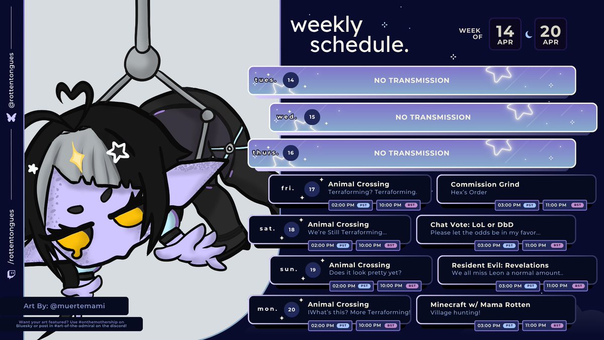 rottenvow's tweet photo. 🩵STREAM SCHEDULE💜
🗓️April 14 - April 20th🗓️
Art by: muertemami
🚀Fanart: #OnTheMothership
🎨My Art: #RottenArt
👽Clips: #RottenClips https://t.co/zcWKpaCvRv