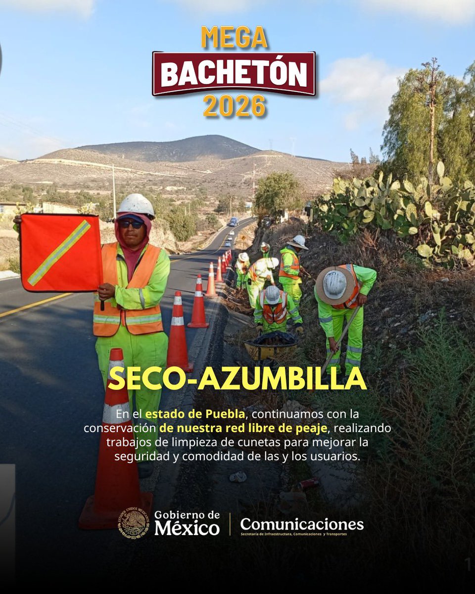 🚧 En el Centro #SICTPuebla, a través del programa #Megabachetón, continuamos trabajando en el mantenimiento de la red libre de peaje.

Hoy realizamos labores en el tramo Seco-Azumbilla, mejorando las condiciones de la vía para brindar mayor seguridad y conectividad a las y los