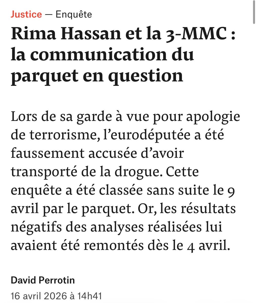 Le parquet aux ordres de Darmanin a menti sciemment sur les résultats du test de dépistage de drogue subi par Rima Hassan au cours de sa GAV illégale
Il faut des démissions en cascade, le scandale est immense 
mediapart.fr/journal/politi…