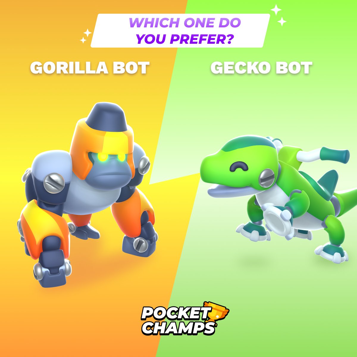Raw cyber-jungle power 🦍 vs. happy cruise climbing 🦎!

Which bot is leading your race to the top, coach? 🧗 

Let us know in the comments👇 

#pocketchamps #gadgets #mobilegaming #robotbattle