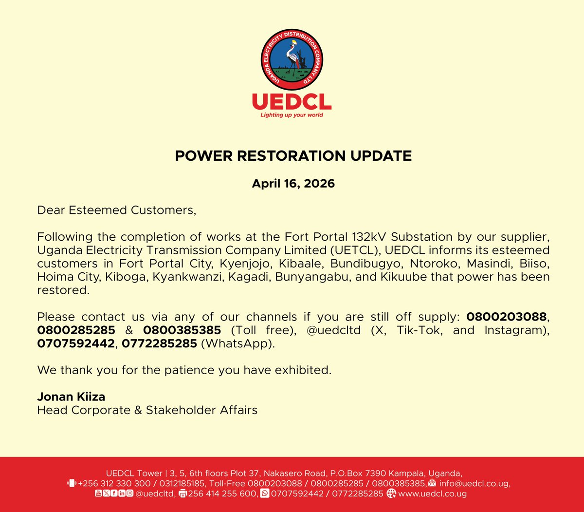 UEDCLTD's tweet photo. POWER RESTORATION UPDATE !

#UEDCLinService #LightingUpYourWorld https://t.co/pWxdvufQ3d