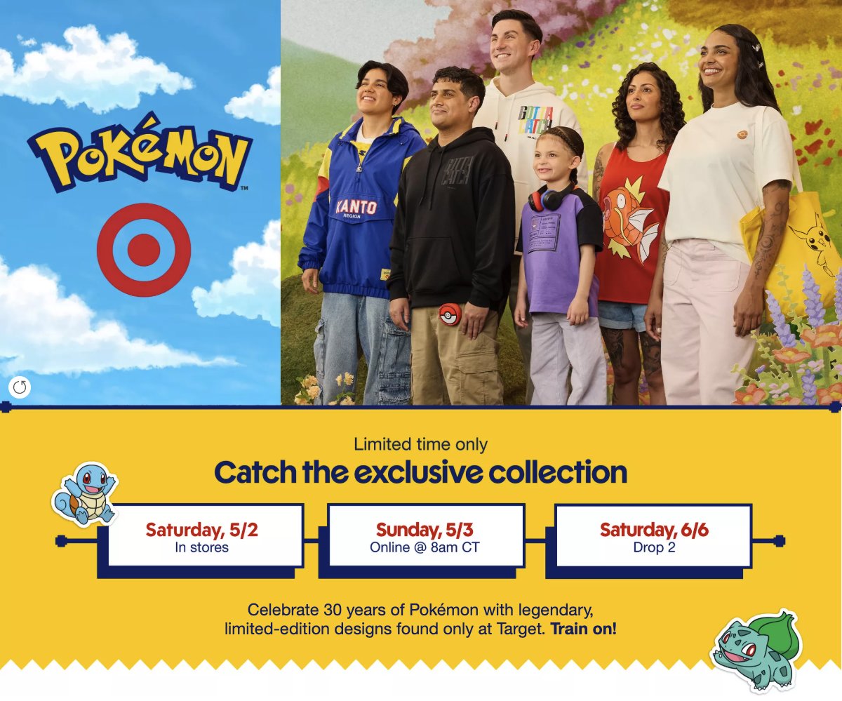 IGNDeals's tweet photo. Target-exclusive Pokémon collab goes live starting May 2 in-store, May 3 online. Lots of stuff here, actually a lot of really cool gear and apparel, and also Pop-Tarts. https://t.co/7qg8QjIsPE #ad https://t.co/yoINmruBWJ