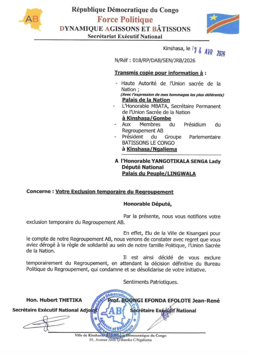 #RDC | “ On peut exclure un homme d'un regroupement, mais on ne peut l'exclure du cœur du peuple. L'Honorable Dr Laddy <a href="/yangotika2/">Hon. Dr. Laddy Yangotikala</a> vient de prouver qu'il est, avant tout, un soldat au service de ses concitoyens. En prenant acte de cette décision arbitraire, il rappelle que la