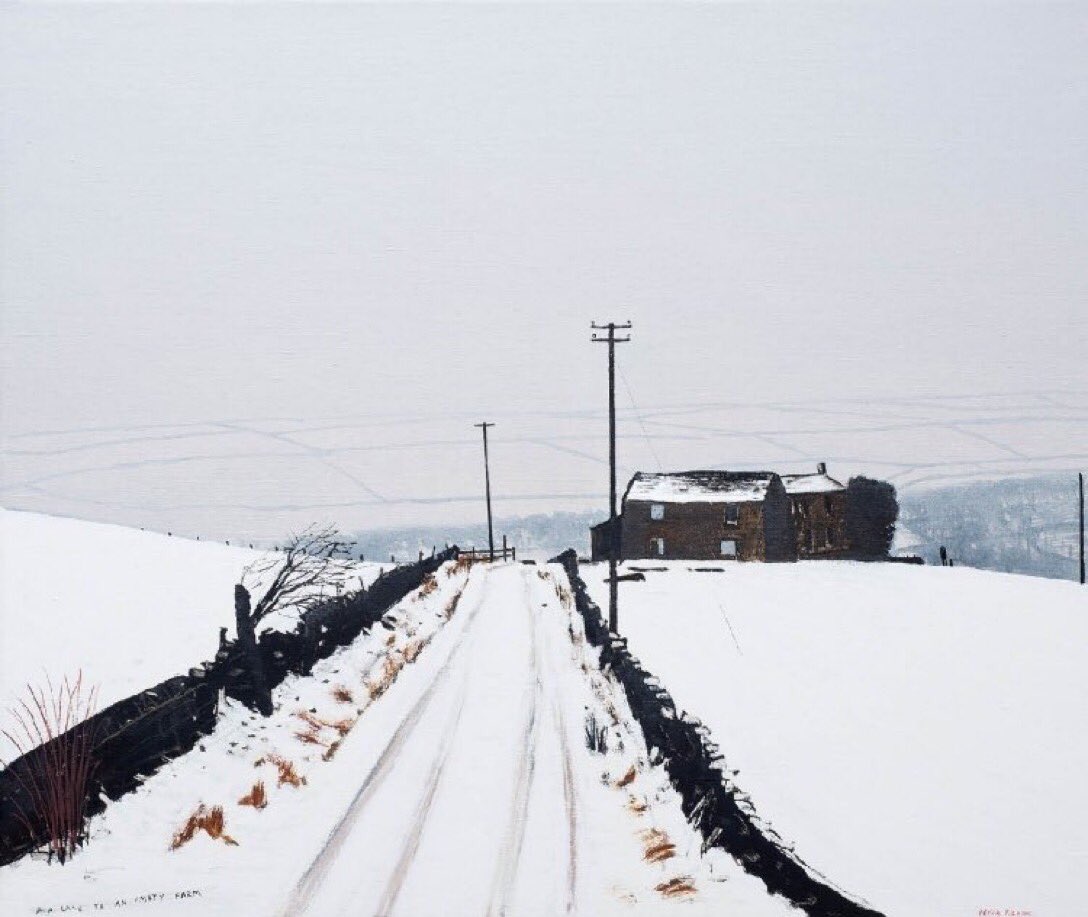 ‘A Lane to an Empty Farm’ is a classic Peter Brook composition, the road with its tyre tracks in the snow and flanking walls and telegraph poles leading the eye past the abandoned building to the distant hillside with its distinctive field pattern just visible through the mist.
