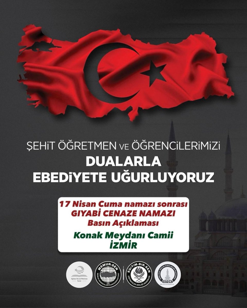 _AliKaya's tweet photo. Şehit öğretmen ve öğrencilerimizi dualarla ebediyete uğurluyoruz.

Kahramanmaraş’taki silahlı saldırıda şehit olan öğretmen ve öğrencilerimizin acısını yüreğimizde taşıyor; şiddete karşı tek yürek olmak için Konak Meydanı’nda buluşuyoruz.

Cuma namazı sonrası gıyabi cenaze namazı kılacak, ardından kitlesel basın açıklaması gerçekleştireceğiz.
Tüm üyelerimizin katılımını bekliyoruz.

🗓 17 Nisan Cuma
📍 Konak Meydanı Camii