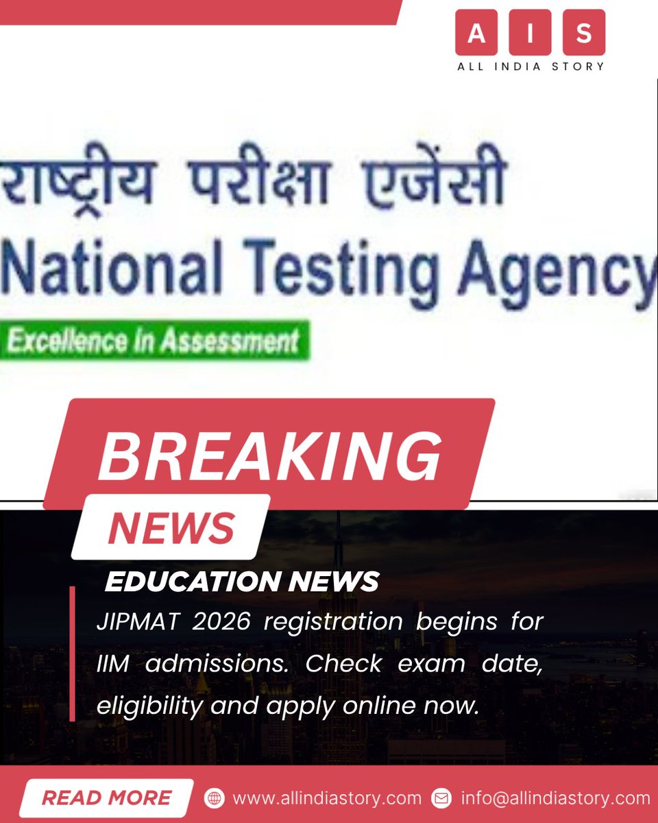 allindiastory's tweet image. JIPMAT 2026 registration begins for IIM admissions. Check exam date, eligibility and apply online now. #allindiastory #JIPMAT2026 #NTA #IIM #Education

allindiastory.com/jipmat-2026-ap…