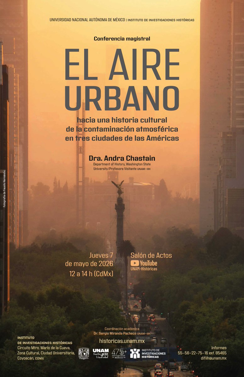 La contaminación atmosférica en las ciudades es un grave problema para quienes las habitan. Asiste a la conferencia magistral que impartirá Andra Chastain, profesora visitante de Históricas.
Más información en:
historicas.unam.mx/actividades/20…