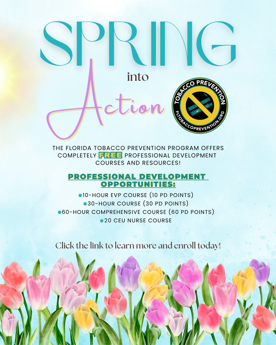 TobaccoPrev's tweet photo. Happy Spring💐Check out The Tobacco Prevention Program’s FREE professional development courses!

🚭10hr, 30hr, 60hr Courses🚭20 CEU Nurse Course

Flexible, self-paced, 100% online, &amp; state-approved for FL educators/staff &amp; school nurses. Enroll today! #FLtobacco #TPP #tobaccofree https://t.co/Pj9fJwFAGh
