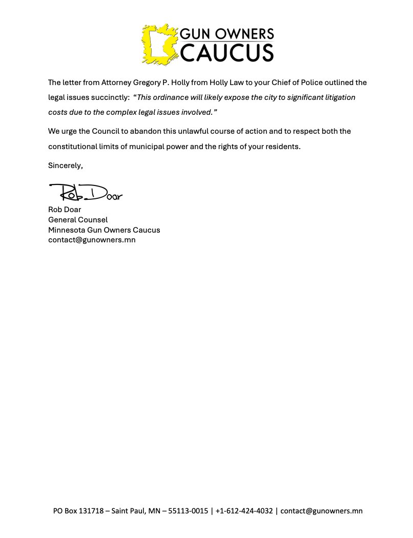 Richfield wants to pass a gun ordinance they know they don’t have the authority to enact.

Minnesota law is crystal clear: local gun control is preempted.

So let’s be equally clear:
Pass it → We sue.

Our letter to the City ⬇️
