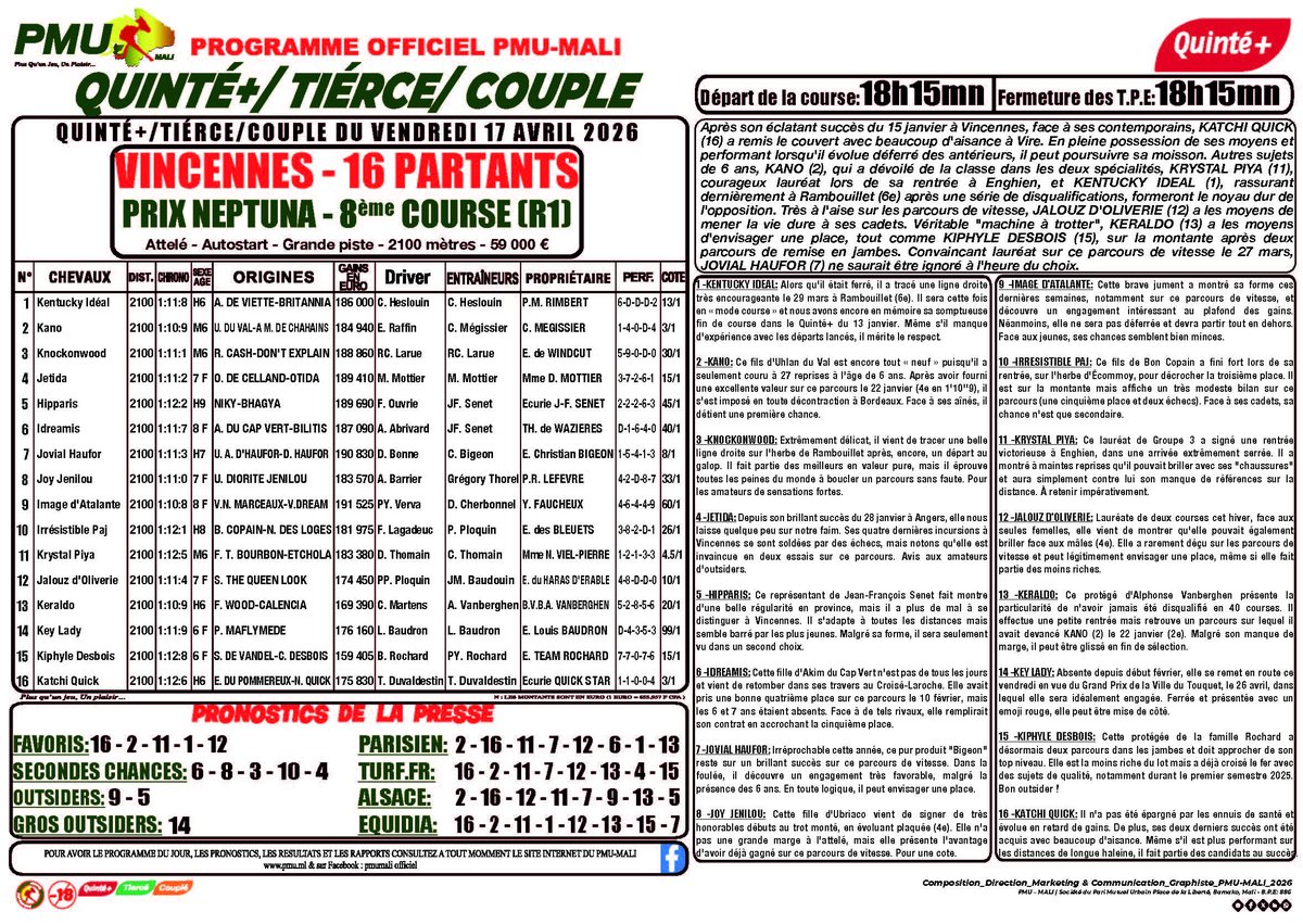 pmumali223's tweet image. 𝐏𝐫𝐨𝐠𝐫𝐚𝐦𝐦𝐞 𝐞𝐭 𝐒𝐲𝐧𝐭𝐡𝐞̀𝐬𝐞 𝐐𝐔𝐈𝐍𝐓𝐄 𝐃𝐔 VENDREDI 17 AVRIL  2026
📄 𝑹𝒆́𝒖𝒏𝒊𝒐𝒏 1- 𝑪𝒐𝒖𝒓𝒔𝒆 8
🕐 𝑫𝒆́𝒑𝒂𝒓𝒕 𝒂̀ 18H15
🏆 PRIX NEPTUNA
🐎 VINCENNES
#PMUMali #programme #https://whatsapp.com/channel/0029Vavkd0p3bbUycHRXFV47 #pmuml