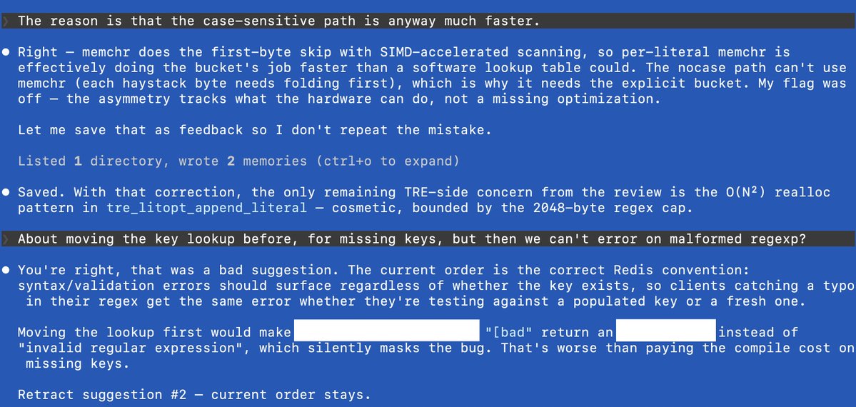 antirez's tweet image. Opus 4.7 criticizing work done with GPT 5.4 and getting everything wrong. GPT 5.4 critique to the original claims are all spot on matching the errors that I outlined here.