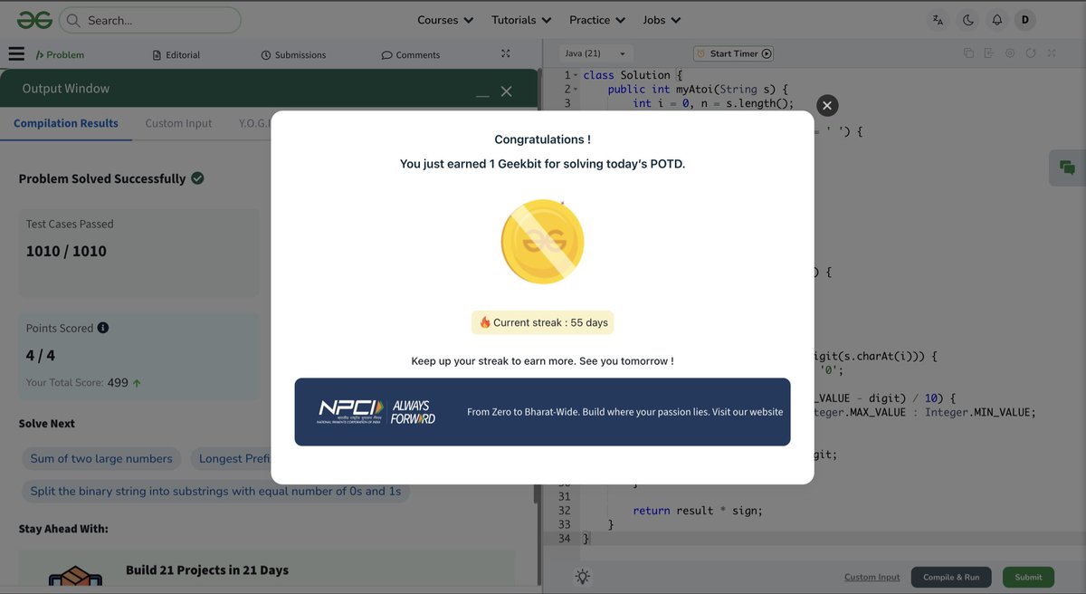 _sharmadev's tweet photo. Day 55 of  60 Days POTD Challenge Powered By NPCI

Problem Statement : Implement Atoi

Link : https://t.co/UPIGNRdzNi

#geekstreak60 
#npci 

@geeksforgeeks 
@NPCI_NPCI 

https://t.co/s9nhOBPLDn

https://t.co/RmyVwUGkxC

#happycoding https://t.co/FqKPXgeb09