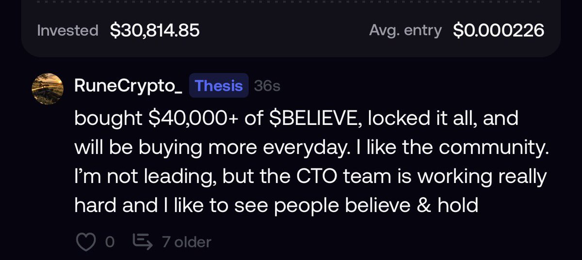 bought $40,000+ of $BELIEVE &amp; locked all

buying more every day

i keep getting asked why. why this coin. why not just flip it and move on like everyone else

because that’s exactly the problem. “flip it and move on like everyone else.” that’s the whole disease. that mentality is